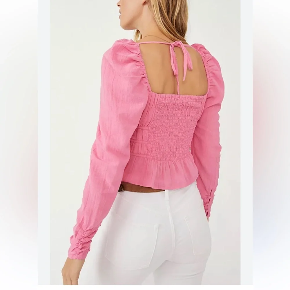 Free People Pink Long Sleeve Smocked Crop Blouse Chloe coquette sweetheart
